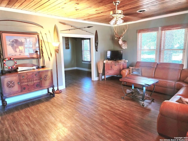 living room featuring ornamental molding, wood-type flooring, and wood ceiling