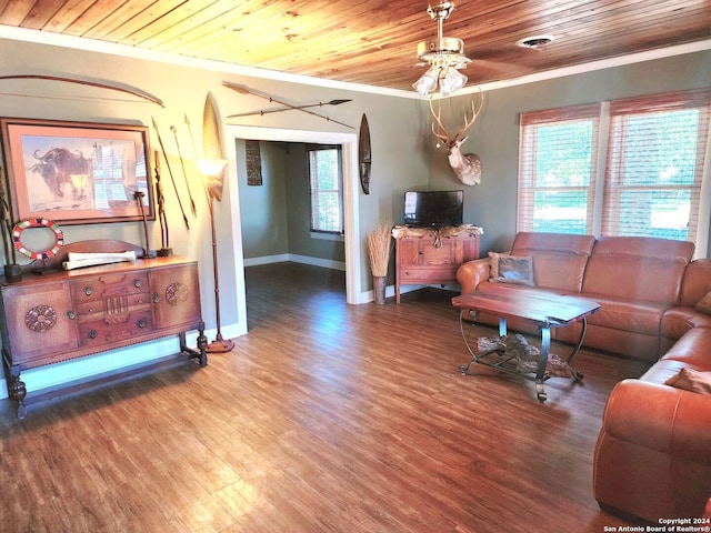 1801 3rd St, Floresville, TX 78114 - living area featuring crown molding, wood finished floors, baseboards, and wooden ceiling