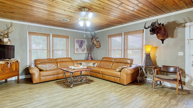 living room featuring ornamental molding, wood finished floors, and wooden ceiling