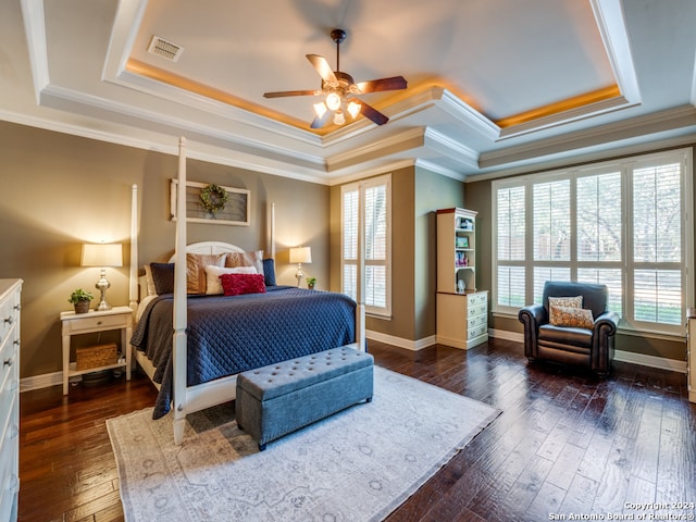 bedroom featuring dark wood-type flooring, multiple windows, and a raised ceiling