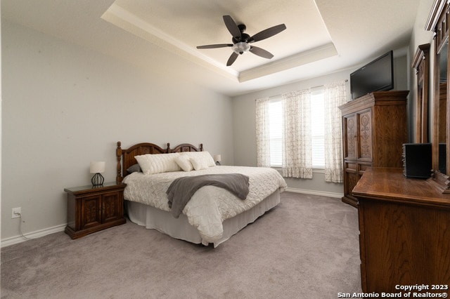 carpeted bedroom with ceiling fan and a tray ceiling