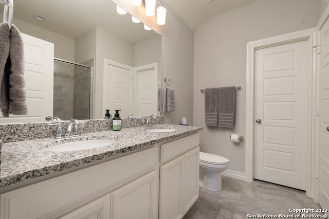 bathroom featuring vanity, walk in shower, and toilet