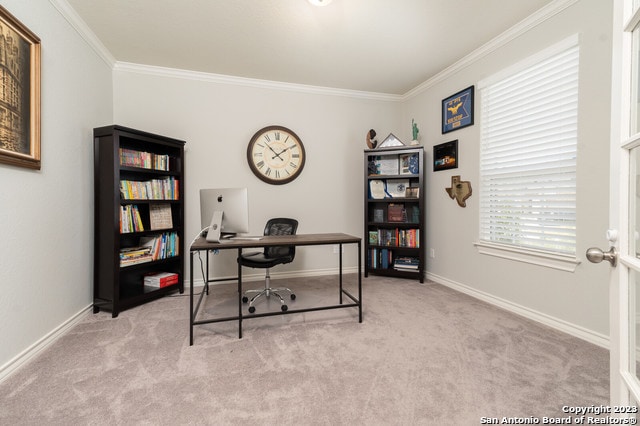 carpeted home office featuring crown molding