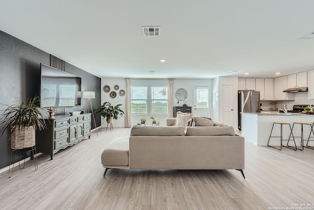 living room featuring light hardwood / wood-style floors and sink