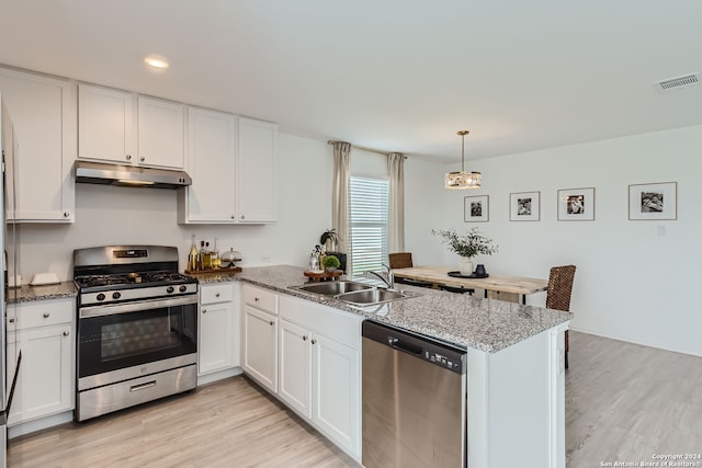 kitchen featuring white cabinets, pendant lighting, sink, stainless steel appliances, and light hardwood / wood-style floors