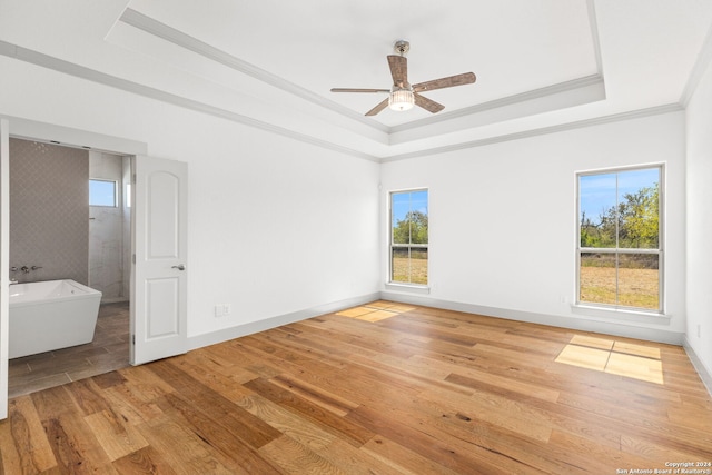 empty room featuring ornamental molding, light wood-type flooring, plenty of natural light, and a raised ceiling