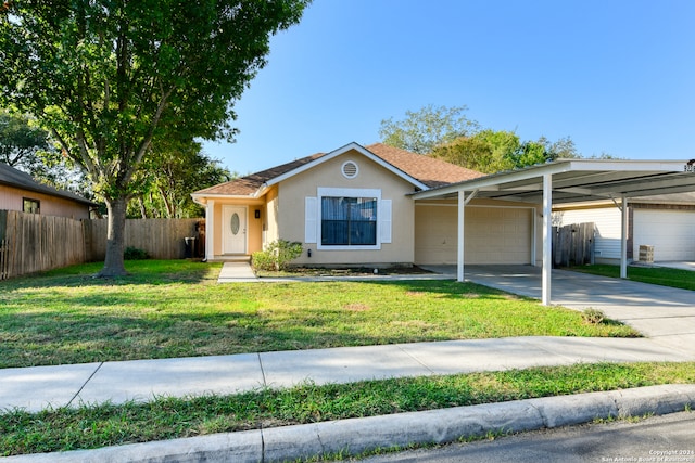 single story home featuring a front yard and a garage