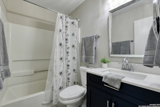 full bathroom with vanity, toilet, and shower / bathtub combination with curtain