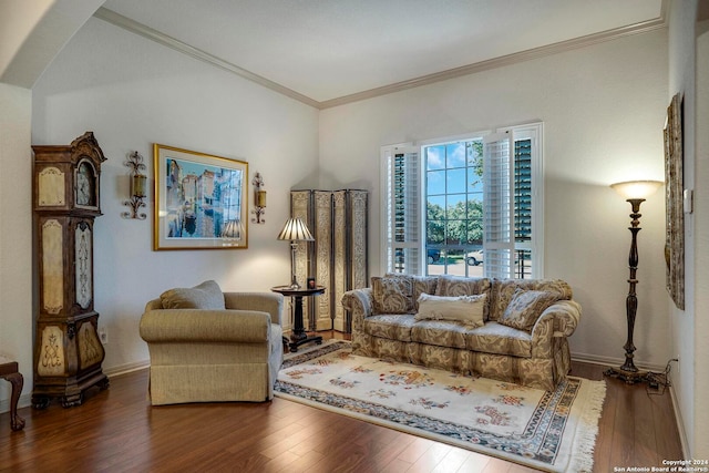 living room featuring crown molding and dark hardwood / wood-style flooring