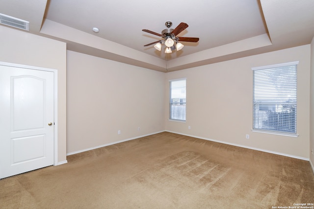 carpeted spare room with a raised ceiling, a wealth of natural light, and ceiling fan