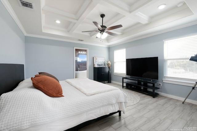 bedroom with ornamental molding, coffered ceiling, multiple windows, and ceiling fan