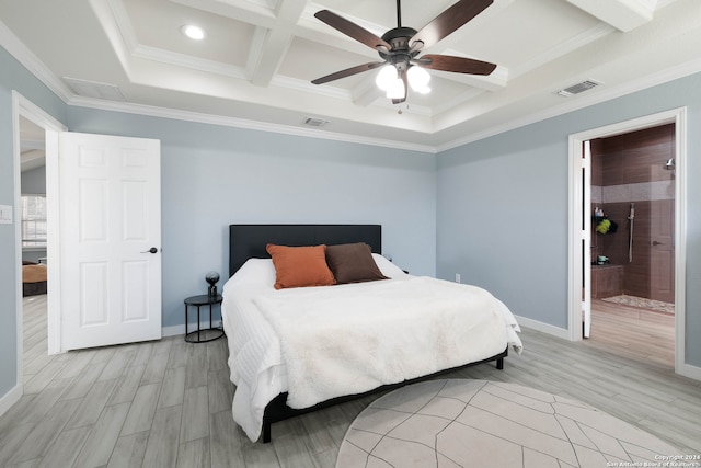 bedroom with crown molding, ensuite bathroom, light wood-type flooring, and ceiling fan