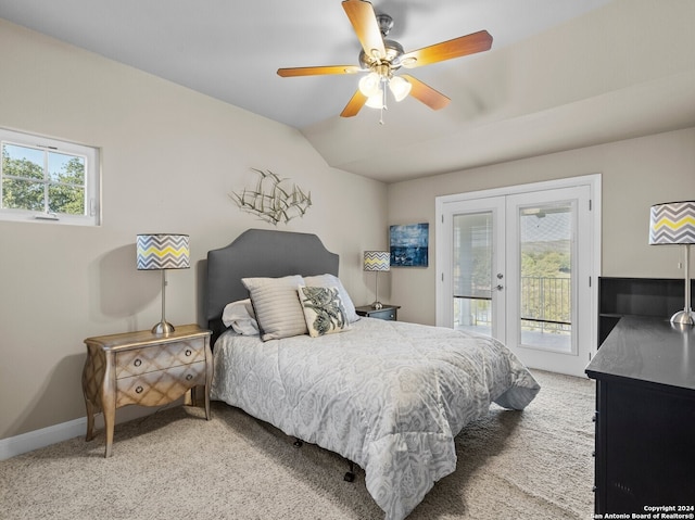 bedroom with access to outside, ceiling fan, lofted ceiling, carpet flooring, and french doors