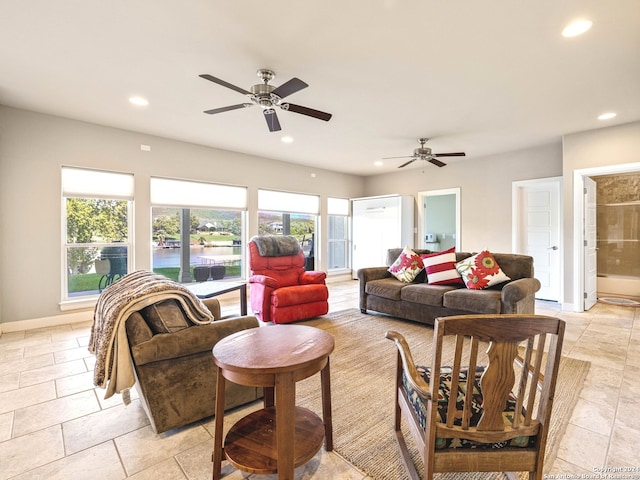 living room featuring ceiling fan