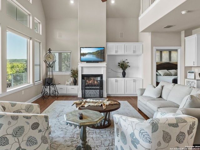 living room featuring high vaulted ceiling and dark hardwood / wood-style flooring