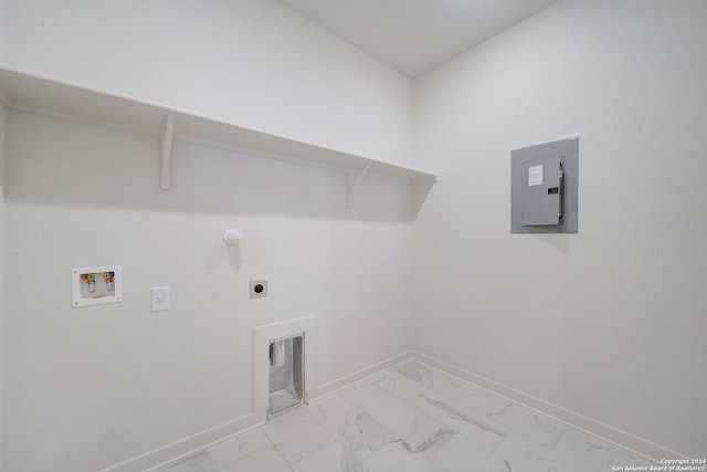 washroom with electric panel, gas dryer hookup, hookup for an electric dryer, and washer hookup