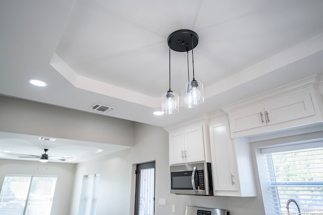 details featuring ceiling fan and a raised ceiling