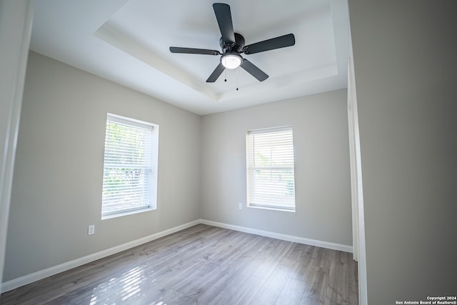 unfurnished room featuring a raised ceiling, light hardwood / wood-style floors, and a wealth of natural light