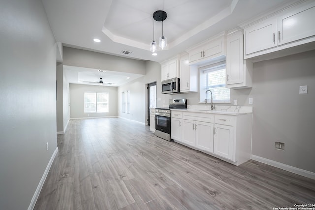 kitchen featuring light wood-type flooring, a tray ceiling, white cabinetry, and stainless steel appliances