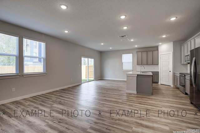 kitchen with appliances with stainless steel finishes, light wood-type flooring, a healthy amount of sunlight, and a kitchen island with sink