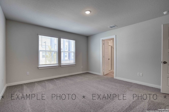 spare room with a textured ceiling and light colored carpet