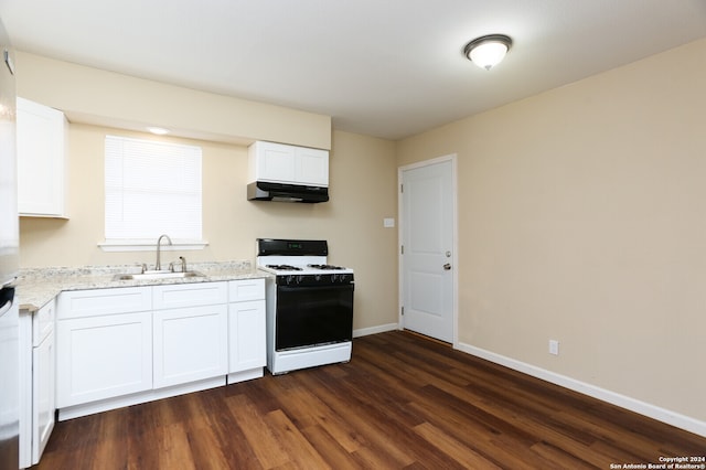 kitchen featuring ventilation hood, white cabinets, sink, and gas range gas stove