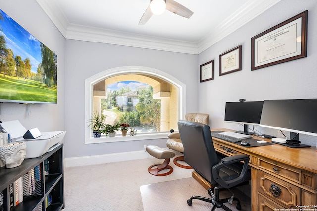 carpeted office with ornamental molding and ceiling fan