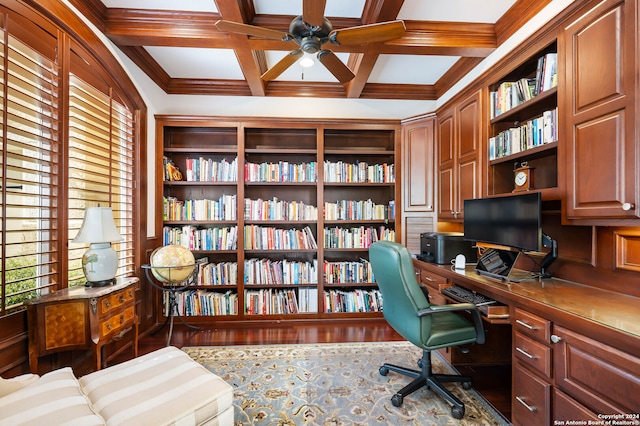 home office featuring coffered ceiling, beamed ceiling, crown molding, and hardwood / wood-style floors