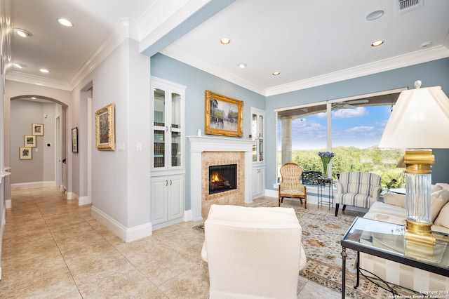 tiled living room with ornamental molding