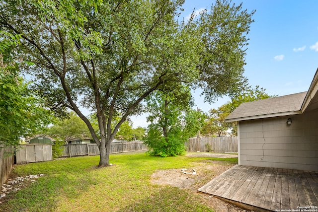 view of yard featuring a storage shed