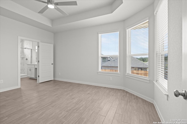 spare room featuring light wood-type flooring, a healthy amount of sunlight, and a raised ceiling