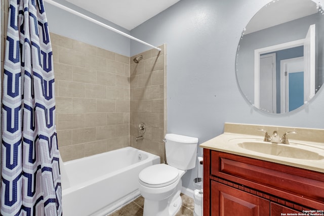 full bathroom featuring vanity, tile patterned flooring, toilet, and shower / bathtub combination with curtain