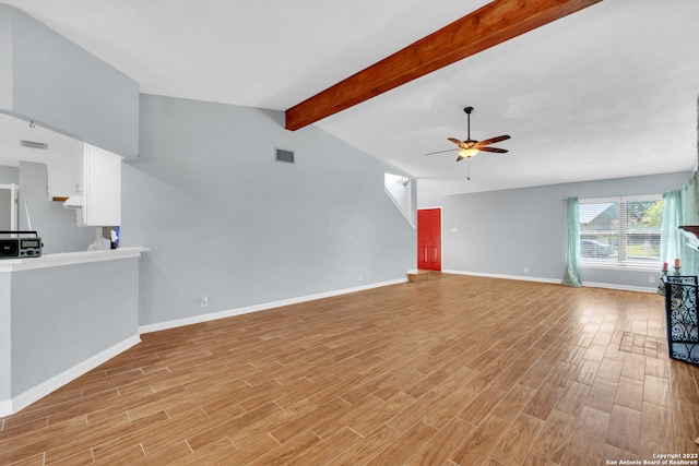 unfurnished living room featuring lofted ceiling with beams, ceiling fan, and light hardwood / wood-style flooring