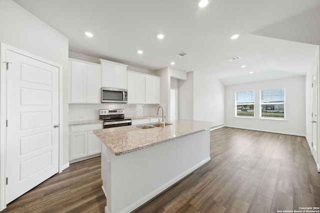 kitchen featuring white cabinetry, sink, stainless steel appliances, and dark hardwood / wood-style flooring