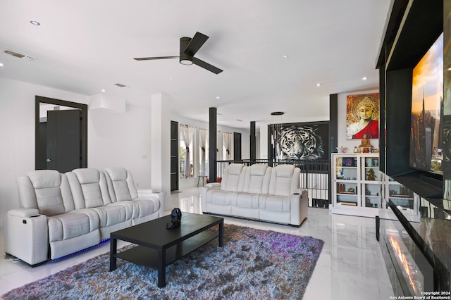 living room with ceiling fan