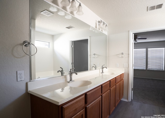 bathroom with vanity, plenty of natural light, a textured ceiling, and hardwood / wood-style flooring