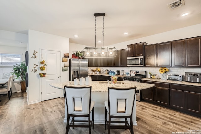 kitchen with stainless steel appliances, an island with sink, light hardwood / wood-style floors, and decorative light fixtures