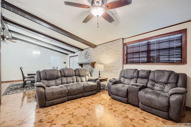 living room featuring lofted ceiling with beams and ceiling fan