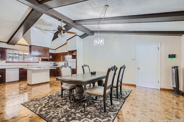 dining area with vaulted ceiling with beams, light tile patterned flooring, sink, a textured ceiling, and ceiling fan with notable chandelier