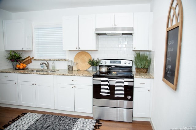 219 N San Horacio Ave, San Antonio, TX 78237 - kitchen featuring stainless steel electric range, under cabinet range hood, a sink, dark wood-style floors, and white cabinetry