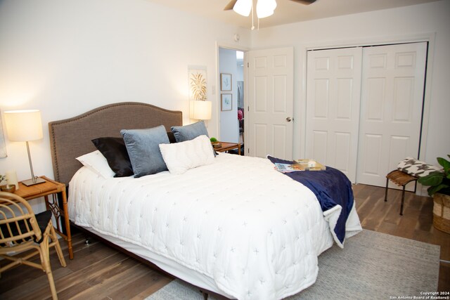 bedroom featuring ceiling fan, a closet, and dark hardwood / wood-style flooring