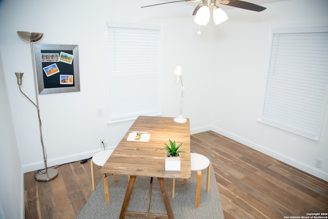 office space with ceiling fan and wood-type flooring