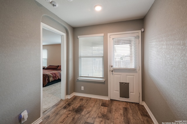 entryway with dark hardwood / wood-style flooring