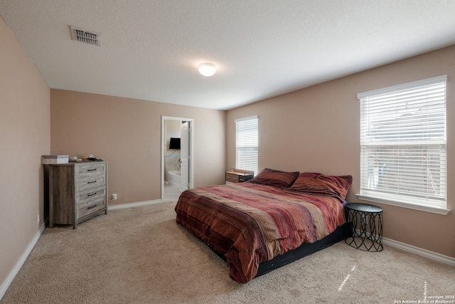 bedroom with light carpet, ensuite bathroom, and multiple windows