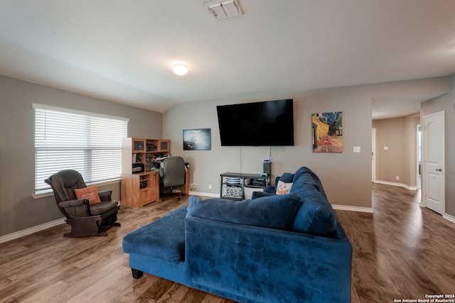 living room featuring wood-type flooring and vaulted ceiling