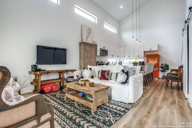 living room featuring light hardwood / wood-style floors and high vaulted ceiling