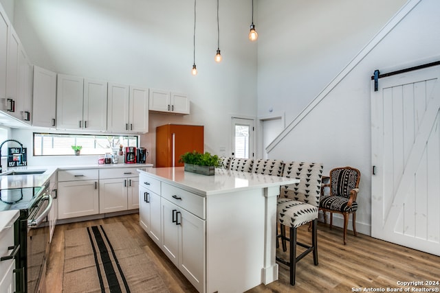 kitchen with white cabinets, hanging light fixtures, a barn door, a high ceiling, and light hardwood / wood-style floors