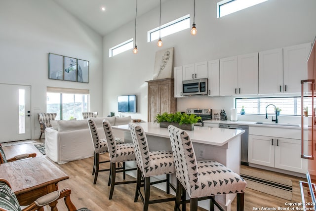 kitchen featuring high vaulted ceiling, appliances with stainless steel finishes, sink, and hanging light fixtures