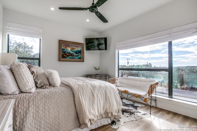 bedroom featuring multiple windows, hardwood / wood-style floors, and ceiling fan