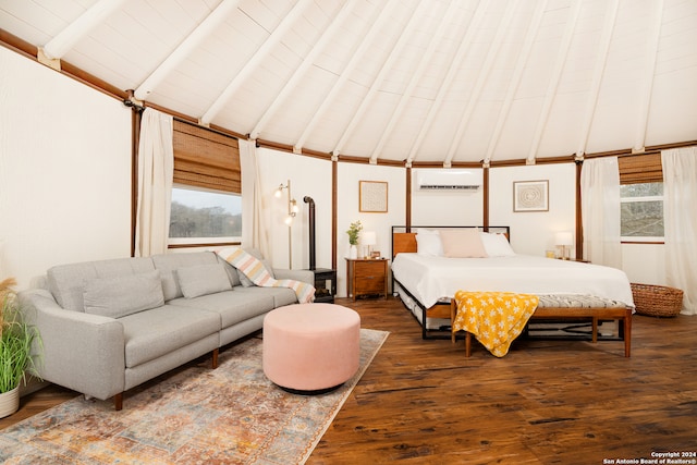 bedroom featuring high vaulted ceiling, multiple windows, beam ceiling, and dark hardwood / wood-style floors